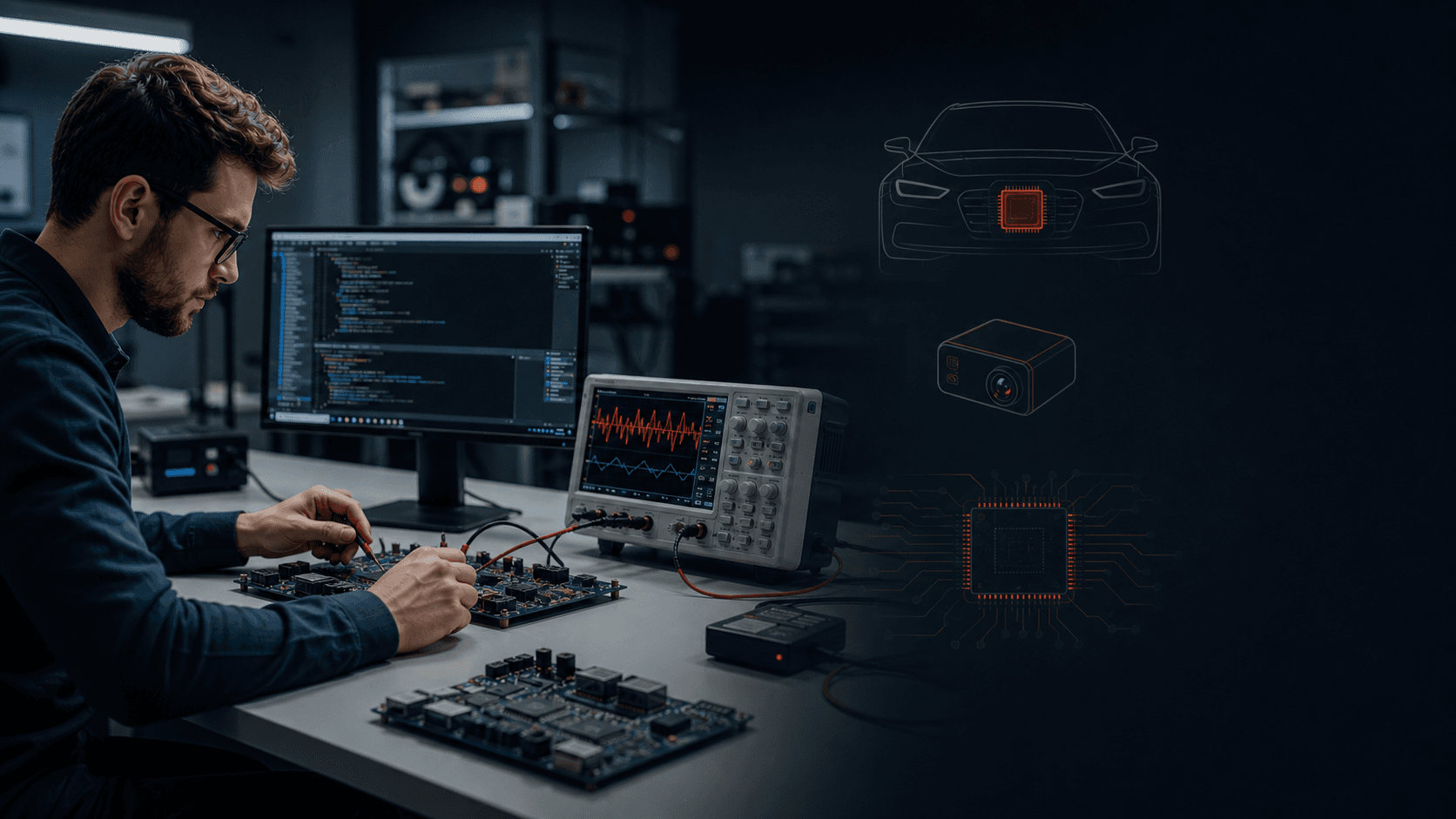Embedded firmware engineer at a real-world electronics lab bench keeping the layout clean and not cluttered. 