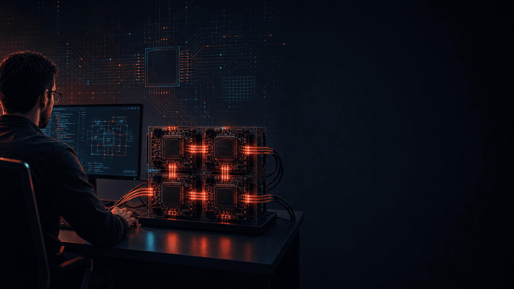 FPGA engineer at a workstation in front of a clean, stylized multi-FPGA prototyping rig