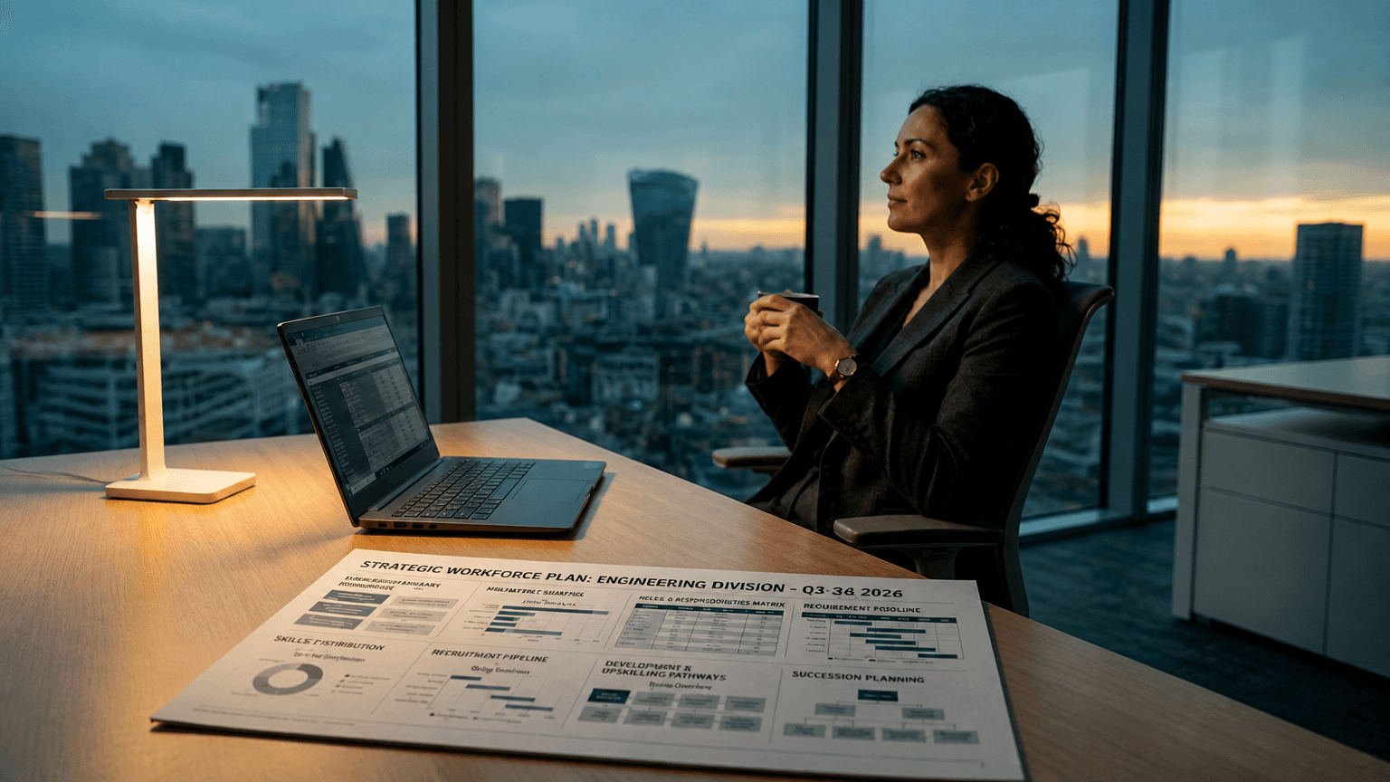 A professional woman in a dark blazer sits alone at a modern desk in an empty open-plan office, reviewing a Strategic Engineering Workforce Plan document. A slim open laptop and a desk lamp sit beside the document. Floor-to-ceiling windows behind her reveal a pre-dawn city skyline bathed in cool blue and amber light. The mood is calm and focused.