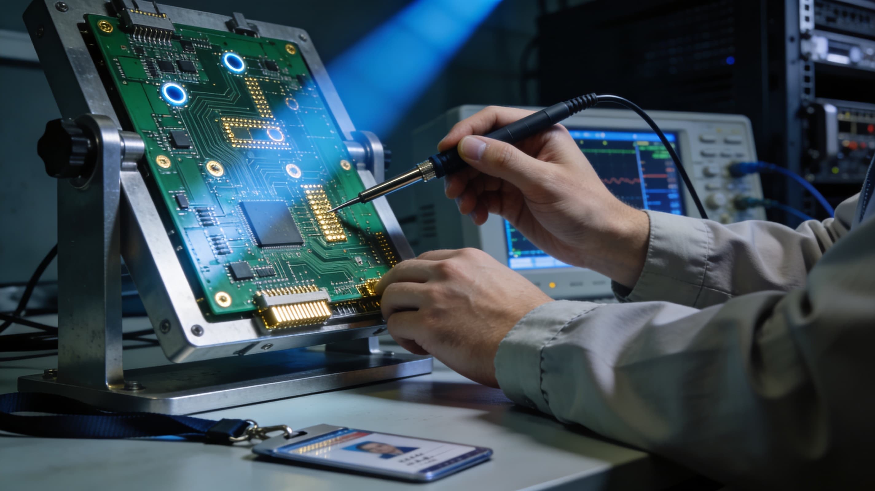 Engineer's hands using an oscilloscope probe on a populated circuit board.