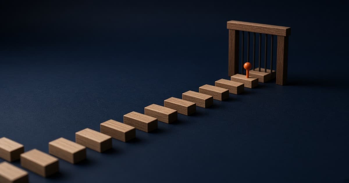Wooden block path leading to a small gate on a navy background, with one orange pushpin marking the final step before the gate.