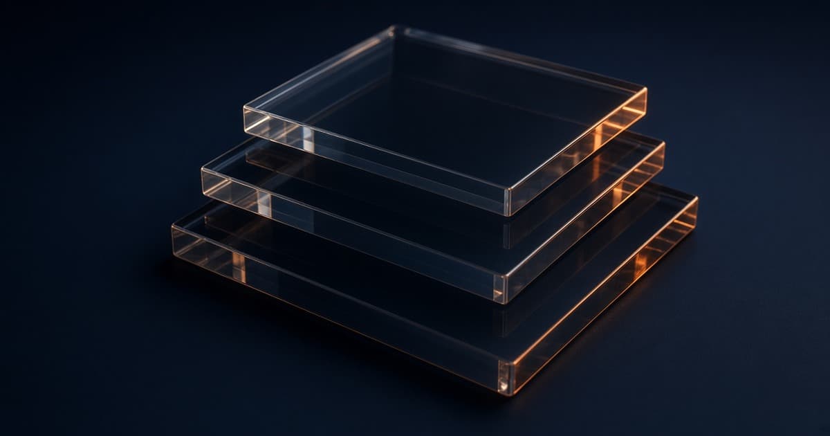 Three staggered clear acrylic slabs on a dark surface, their right edges lit in warm orange against a navy background.