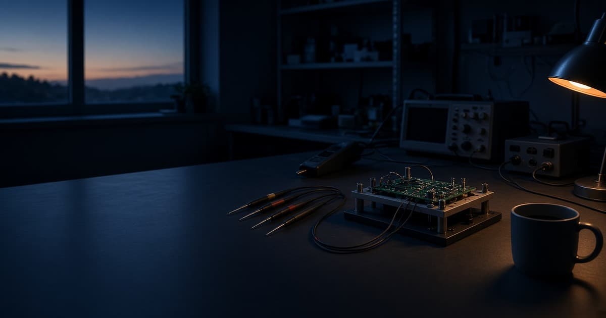 Nighttime firmware bring-up bench with a circuit board on a test stand, probe tips laid out beside it, and a desk lamp lighting the workspace.