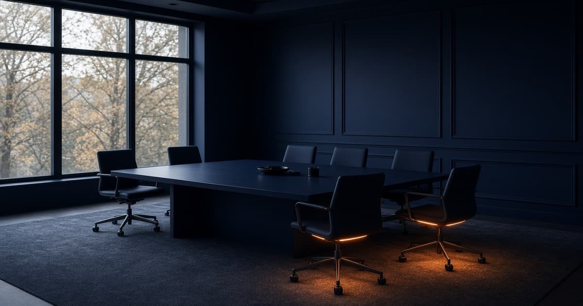 Dark conference room with a long table of empty black chairs; two chairs in the foreground glow orange underneath, with autumn trees visible through the window.