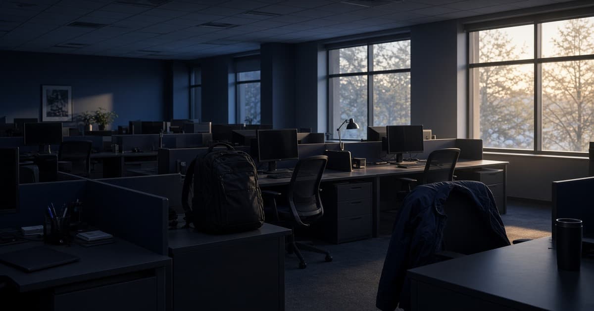 Quiet office row at low sun with empty desks and monitors; a backpack and jacket left at one station while warm light cuts across the room.