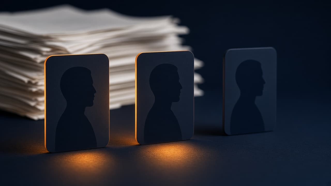 Three candidate silhouette cards on a dark desk, two lit in warm accent light and one in shadow, with a blurred stack of resumes in the background.