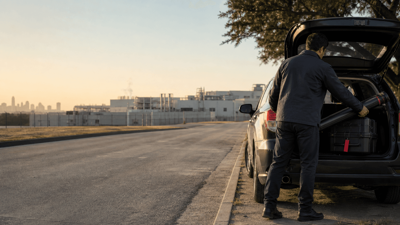Semiconductor engineer prepares equipment beside a vehicle near an Austin fab campus