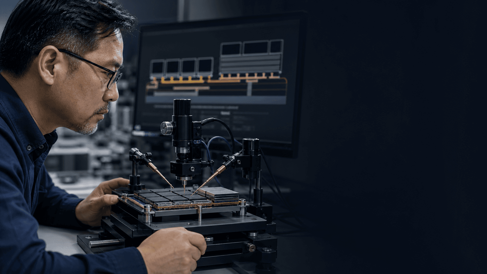 Engineer inspecting a 2.5D chiplet package