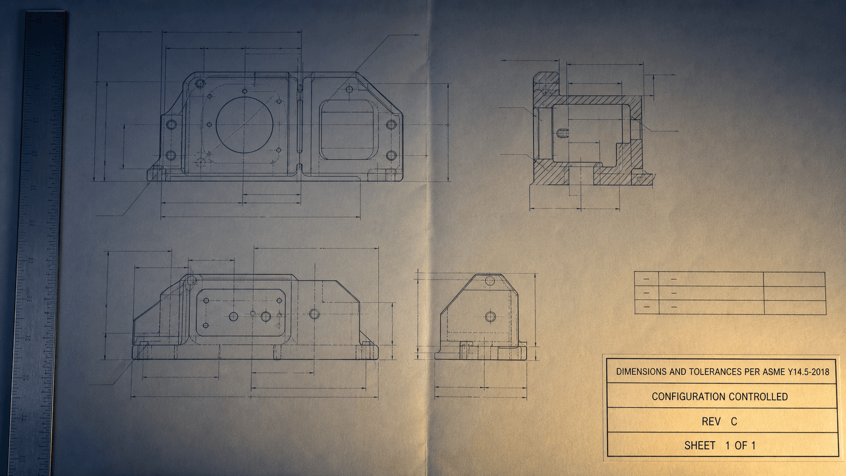 Engineering drawing title block showing ASME Y14.5 configuration control