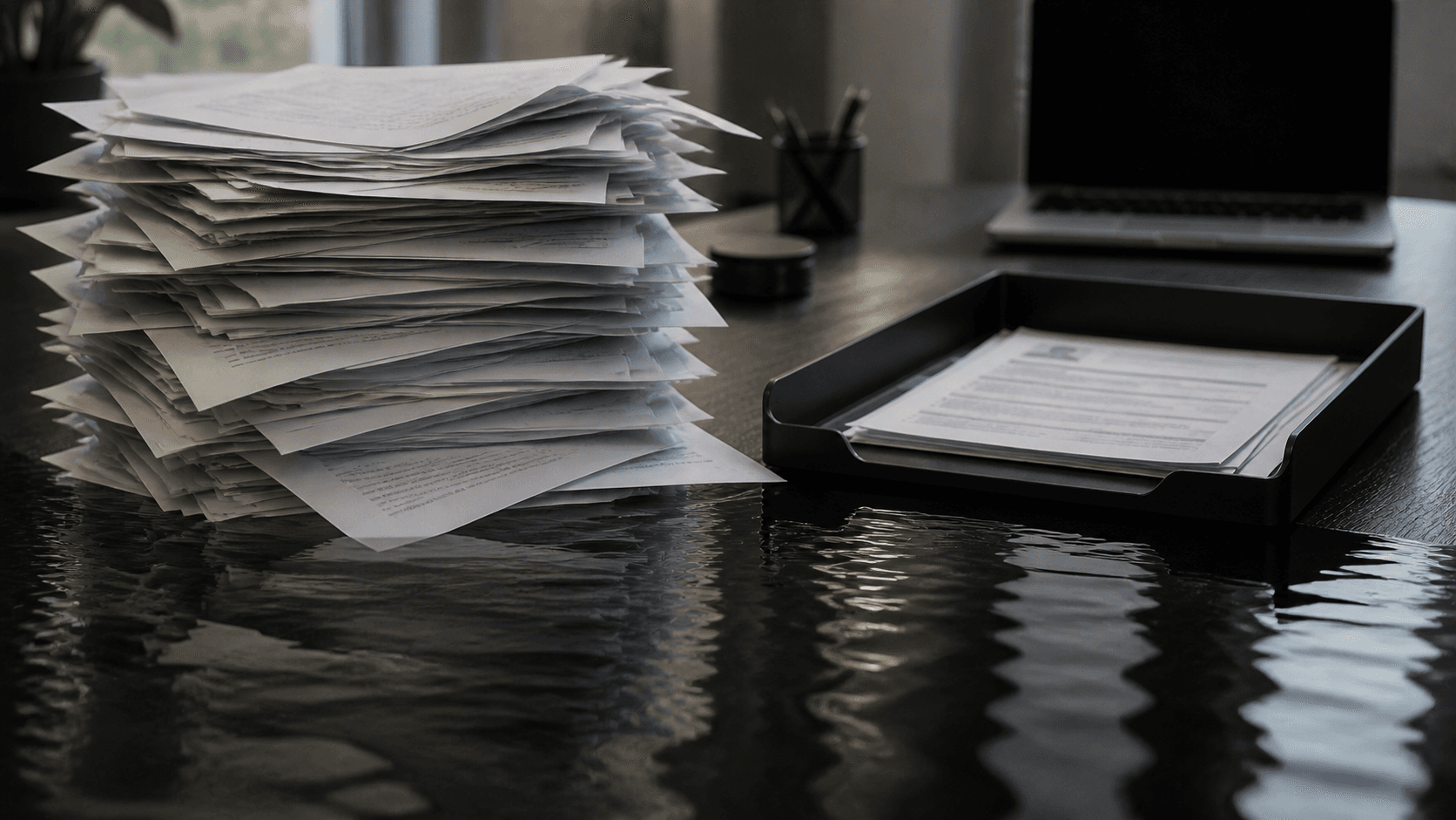 Tall messy stack of resumes on a desk partly reflected like a waterline next to a tray holding a few neatly selected resumes