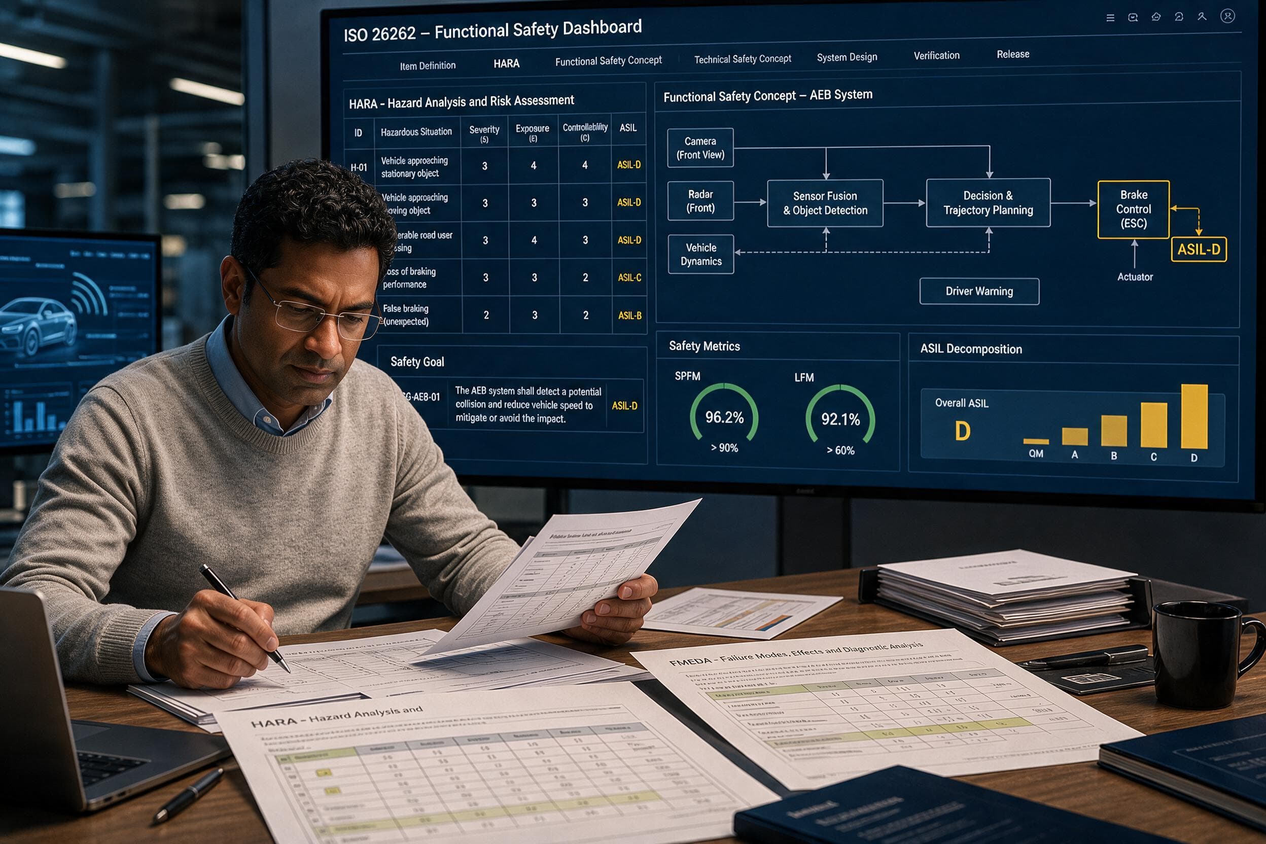 Functional safety engineer reviewing ASIL-D AEB hazard and FMEDA documents in office