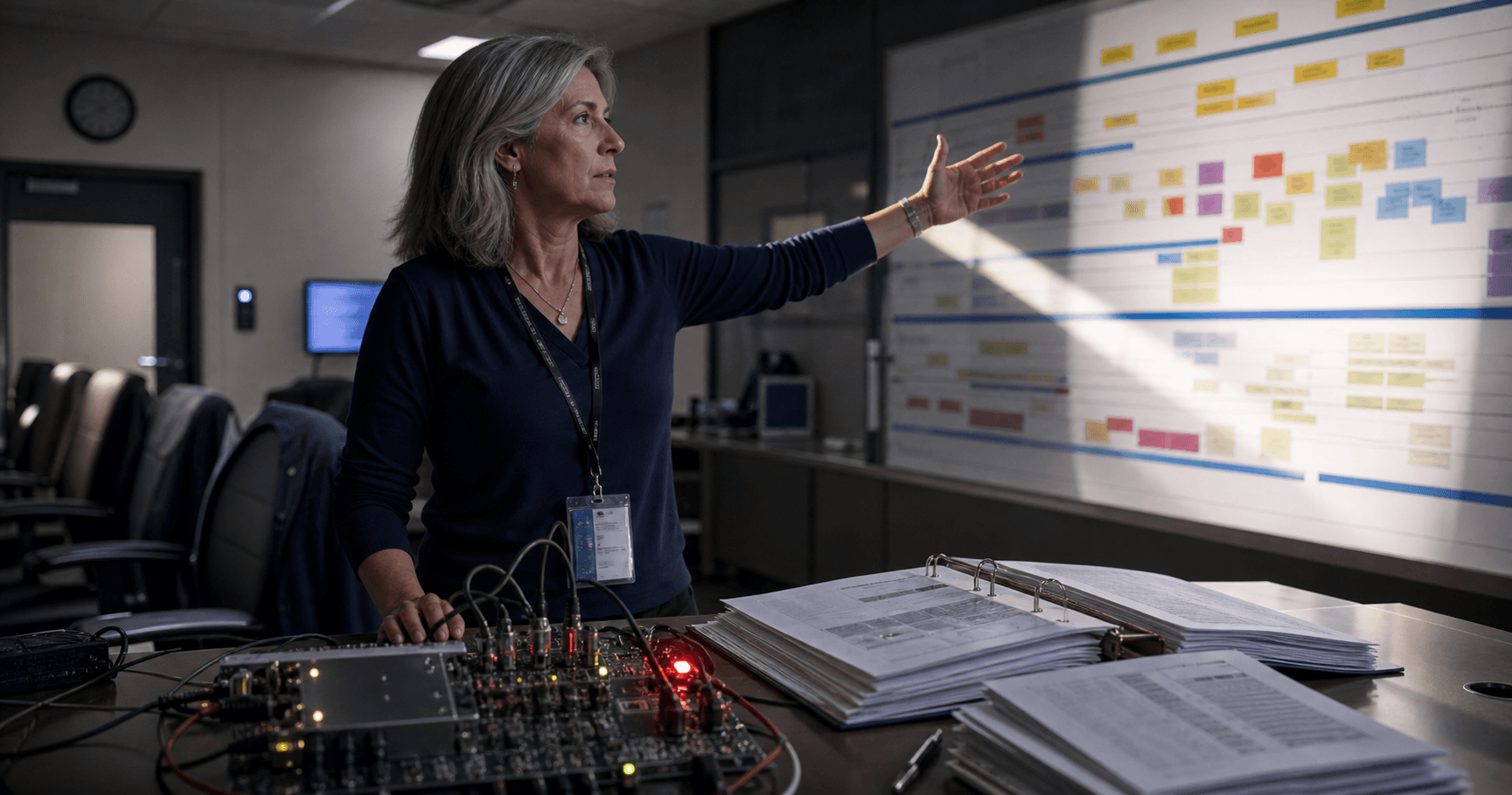 Senior female cleared engineer gesturing between avionics board and program wall