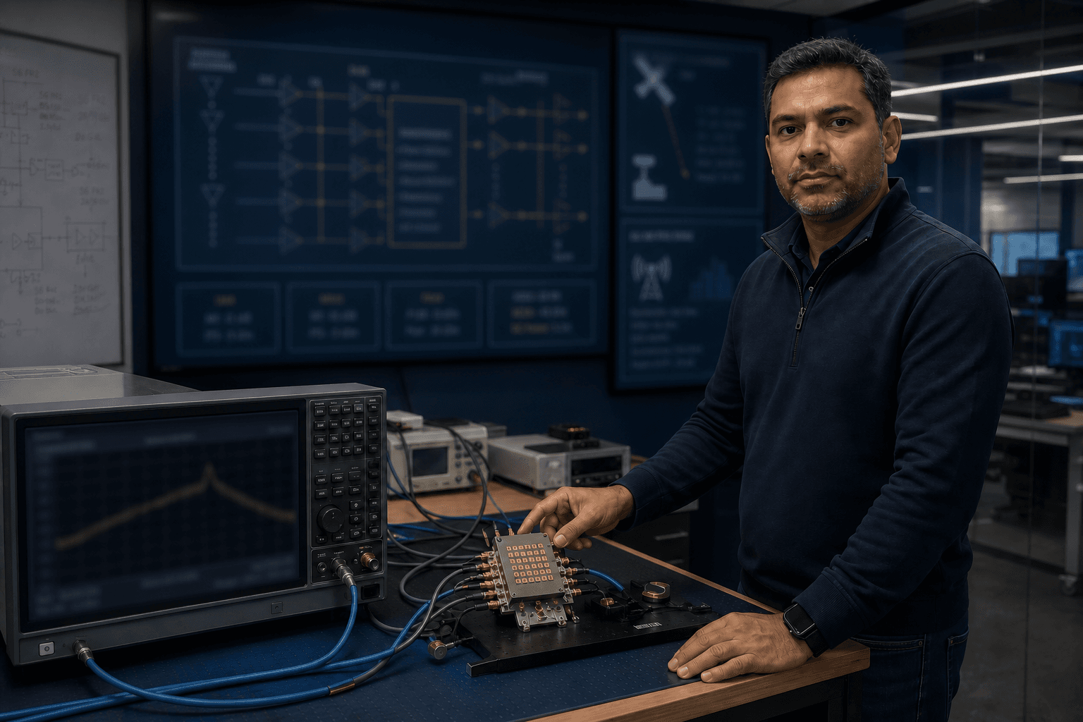 RFIC mmWave engineer in lab beside phased-array tile with blurred RF screens